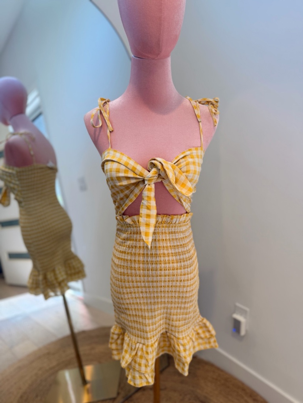 Yellow Gingham Tie-Front Midi Dress